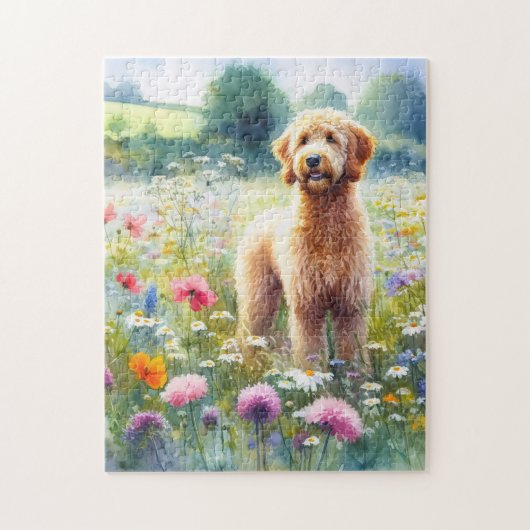 Waterverf Goldendoodle Dog Wildflower Field Legpuzzel (Verticaal)