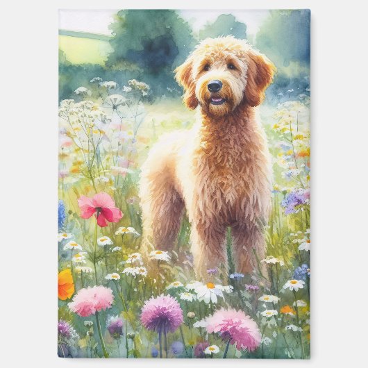 Waterverf Goldendoodle Dog Wildflower Field Magneet (Voorkant)