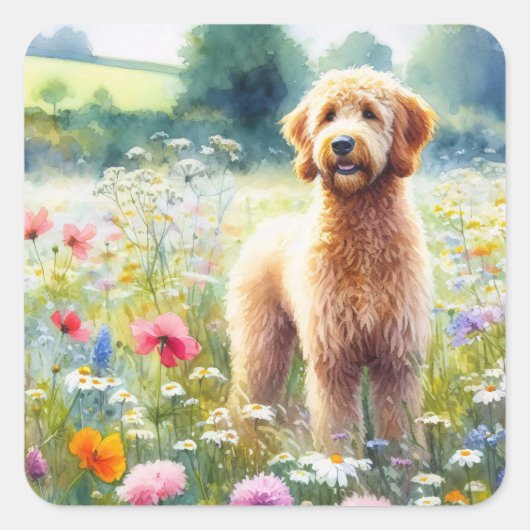 Waterverf Goldendoodle Dog Wildflower Field Vierkante Sticker (Voorkant)