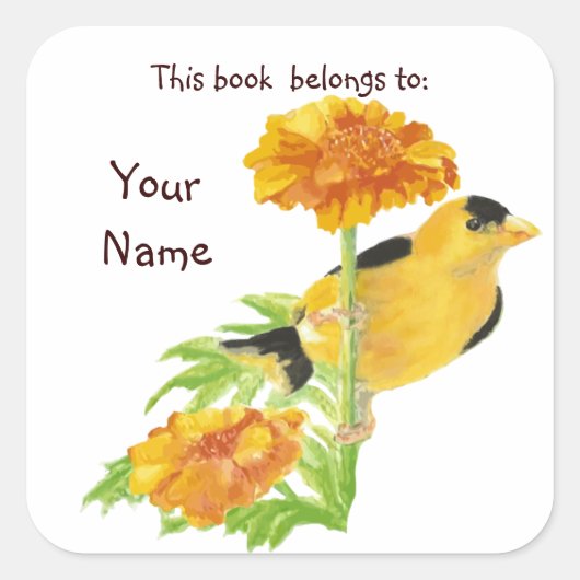 Waterverf Goldfinch Bird Marigold Bookplaat Vierkante Sticker (Voorkant)