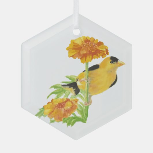Waterverf Goldfinch Bird Marigold Garden Flower Glas Ornament (Voorkant)