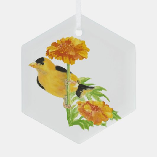 Waterverf Goldfinch Bird Marigold Garden Flower Glas Ornament (Achterkant)