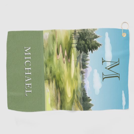 Waterverf Golfbaan Monogram Naam Golfhanddoek (Horizontaal)
