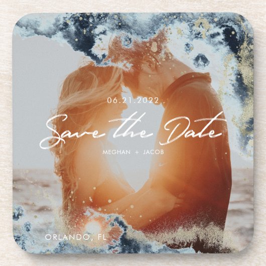 Waterverf golven Foto opslaan Datum Bier Onderzetter (Voorkant)