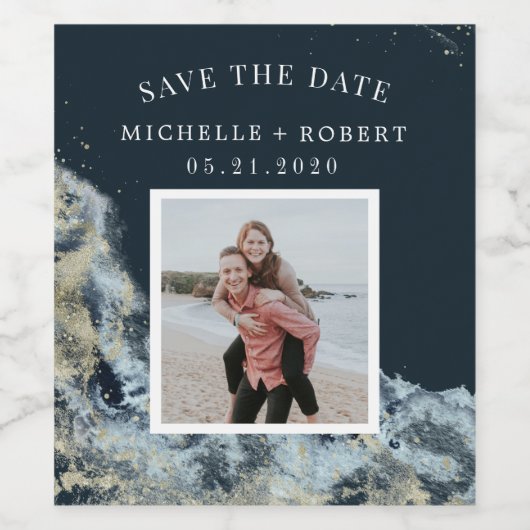 waterverf golven kust opslaan de datum foto wijn wijn etiket (Enkel label)