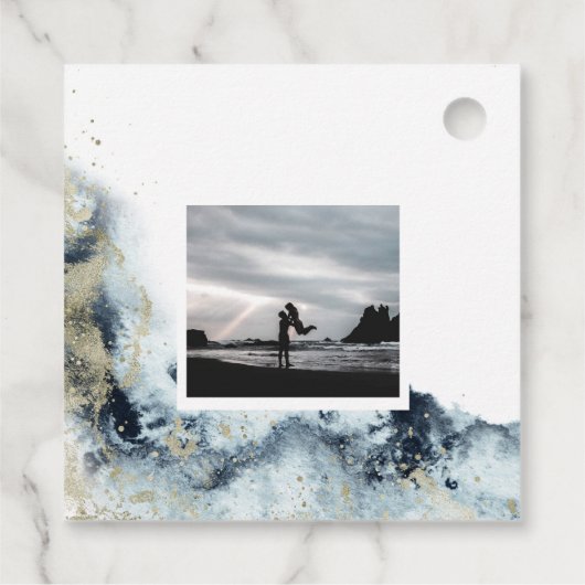 waterverf golven kust save the date foto bedankjes labels (Achterkant)