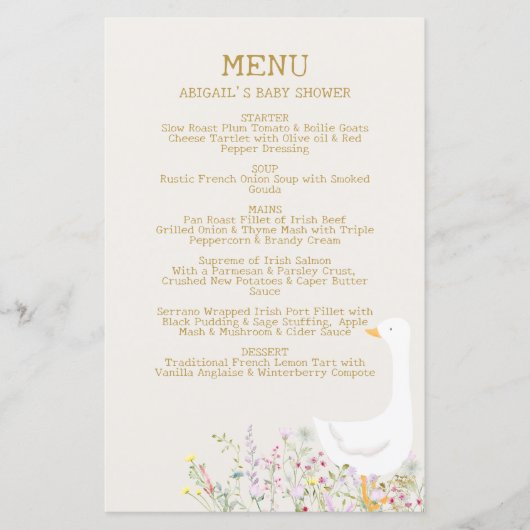 Waterverf Goose Duck Wildflower Baby shower Menu (Voorkant)