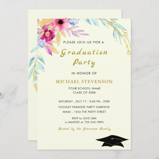 Waterverf Goud Afstuderen Uitnodiging Kaart (Voorkant / Achterkant)