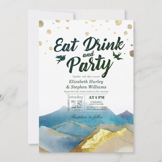 Waterverf Goud Berg EAT Drinken & Feest Huwelijk Kaart (Voorkant)