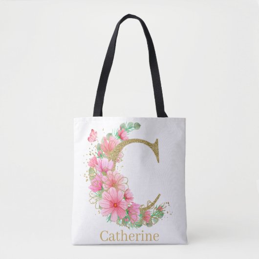 Waterverf Goud en Bloem Monogram Letter C Tote Bag (Voorkant)