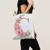 Waterverf Goud en Bloem Monogram Letter C Tote Bag (Dichtbij)