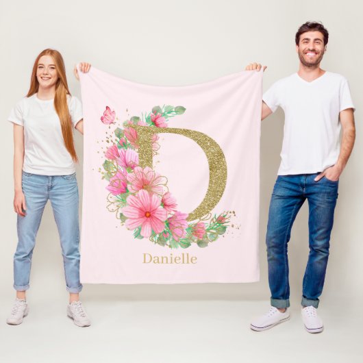 Waterverf Goud en Bloem Monogram Letter D Fleece Deken (In situ)