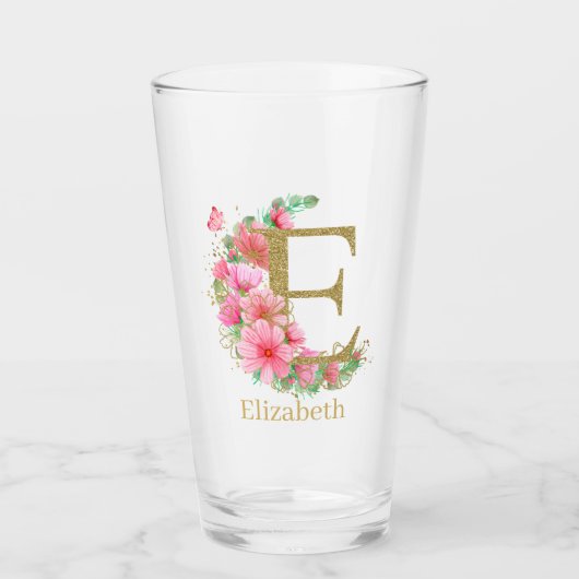 Waterverf Goud en Bloem Monogram Letter E Glas (Voorkant)