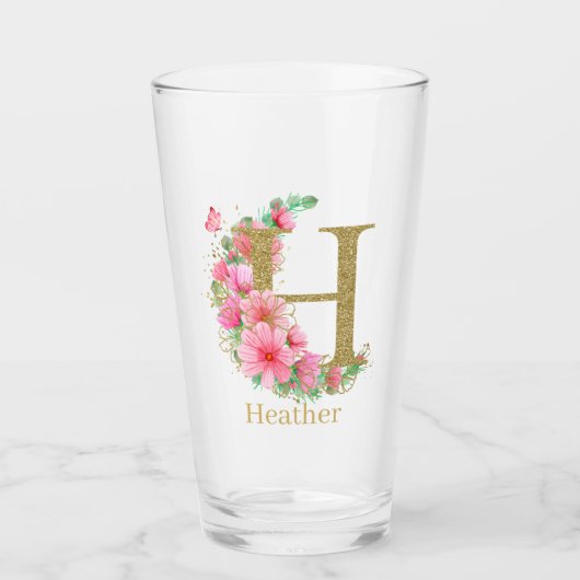 Waterverf Goud en Bloem Monogram Letter H Glas (Voorkant)