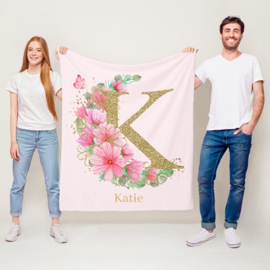 Waterverf Goud en Bloem Monogram Letter K Fleece Deken (In situ)
