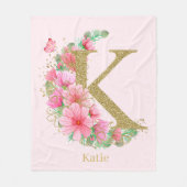 Waterverf Goud en Bloem Monogram Letter K Fleece Deken (Voorkant)