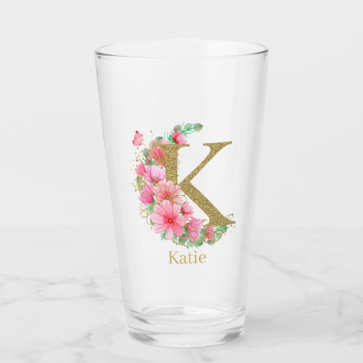 Waterverf Goud en Bloem Monogram Letter K Glas (Voorkant)