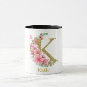 Waterverf Goud en Bloem Monogram Letter K Mok