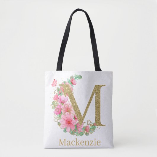 Waterverf Goud en Bloem Monogram Letter M Tote Bag (Voorkant)