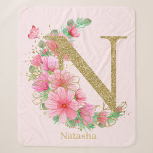 Waterverf Goud en Bloem Monogram Letter N Sherpa Deken