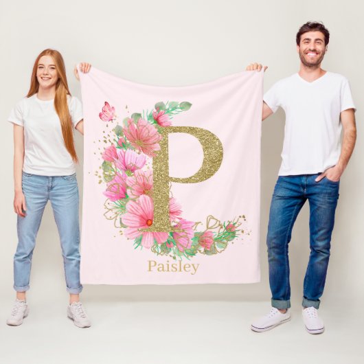 Waterverf Goud en Bloem Monogram Letter P Fleece Deken (In situ)