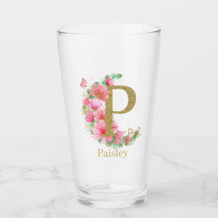 Waterverf Goud en Bloem Monogram Letter P Glas