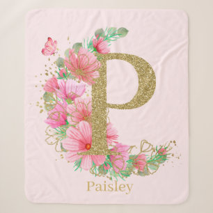 Waterverf Goud en Bloem Monogram Letter P Sherpa Deken