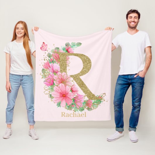 Waterverf Goud en Bloem Monogram Letter R Fleece Deken (In situ)