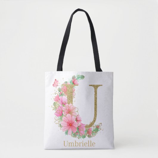 Waterverf Goud en Bloem Monogram Letter U Tote Bag (Voorkant)