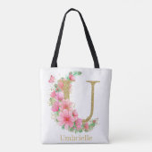 Waterverf Goud en Bloem Monogram Letter U Tote Bag (Achterkant)