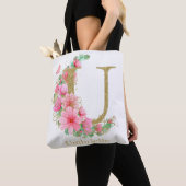 Waterverf Goud en Bloem Monogram Letter U Tote Bag (Dichtbij)