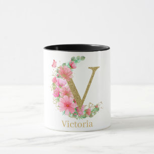 Waterverf Goud en Bloem Monogram Letter V Mok