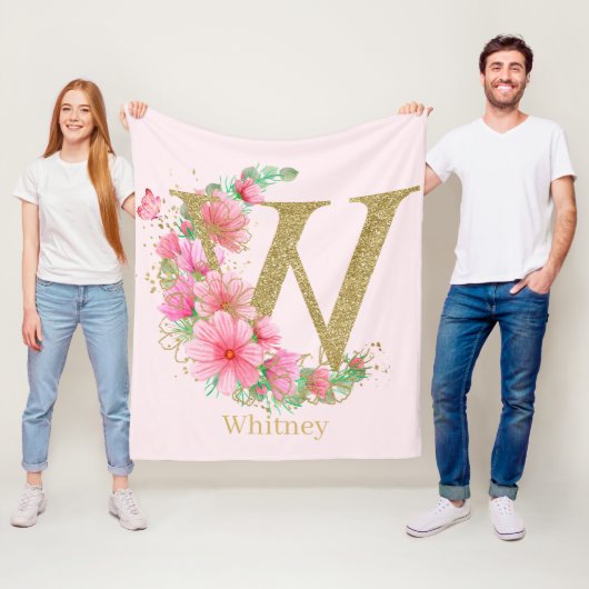 Waterverf Goud en Bloem Monogram Letter W Fleece Deken (In situ)