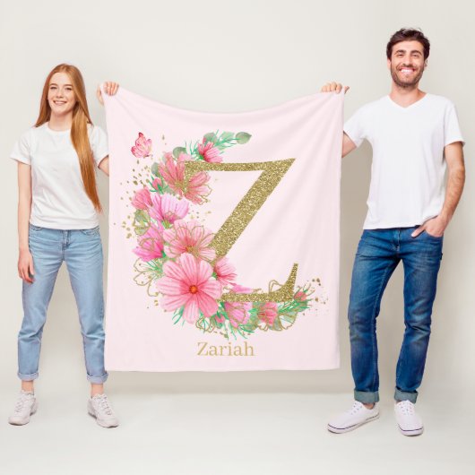 Waterverf Goud en Bloem Monogram Letter Z Fleece Deken (In situ)