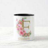 Waterverf Goud en Bloemen Monogram Letter E Mok (Midden)