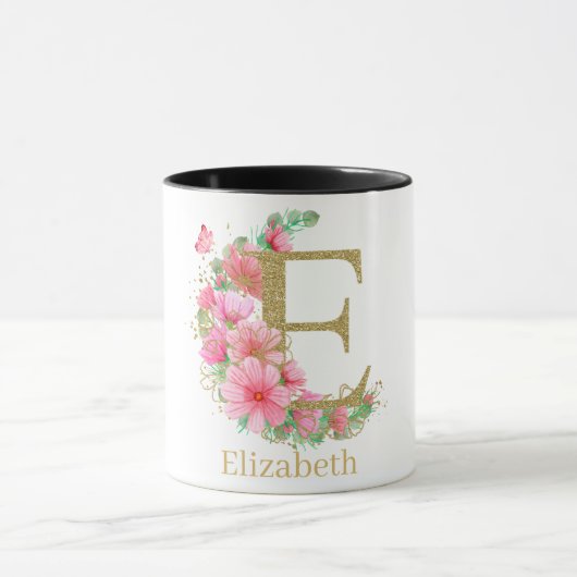 Waterverf Goud en Bloemen Monogram Letter E Mok (Midden)