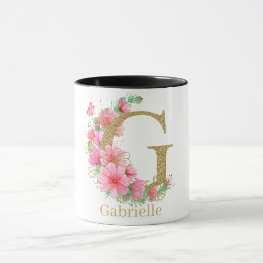 Waterverf Goud en Bloemen Monogram Letter G Mok (Midden)