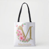 Waterverf Goud en Bloemen Monogram Letter M Tote Bag (Voorkant)