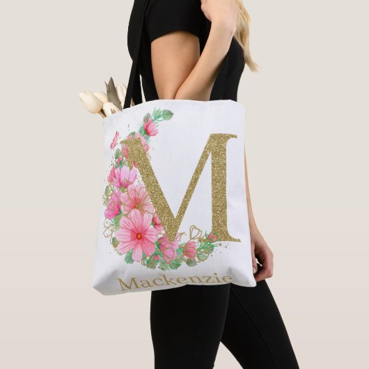 Waterverf Goud en Bloemen Monogram Letter M Tote Bag (Dichtbij)