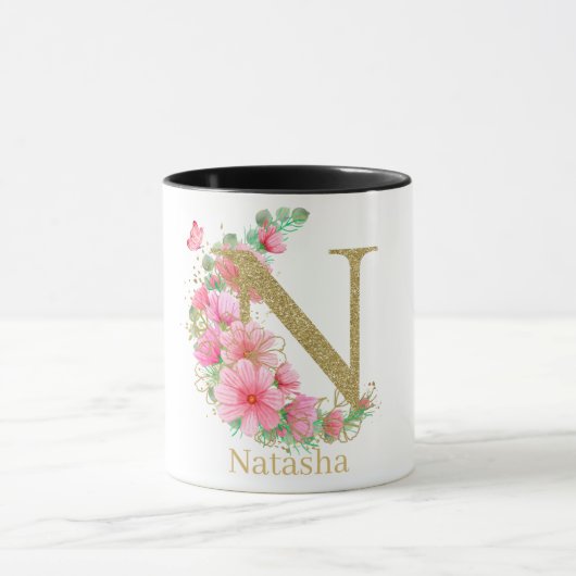 Waterverf Goud en Bloemen Monogram Letter N Mok (Midden)
