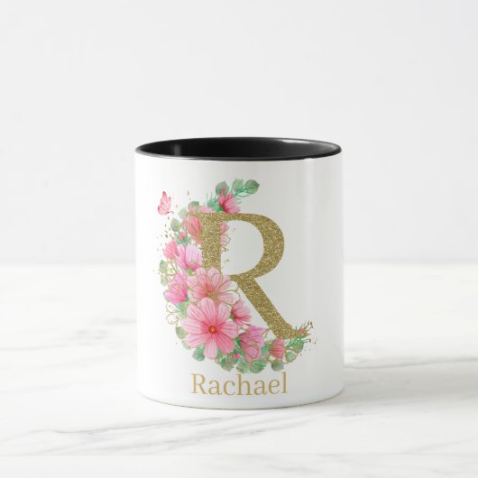Waterverf Goud en Bloemen Monogram Letter R Mok (Midden)
