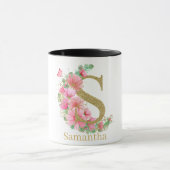 Waterverf Goud en Bloemen Monogram Letter S Mok (Midden)
