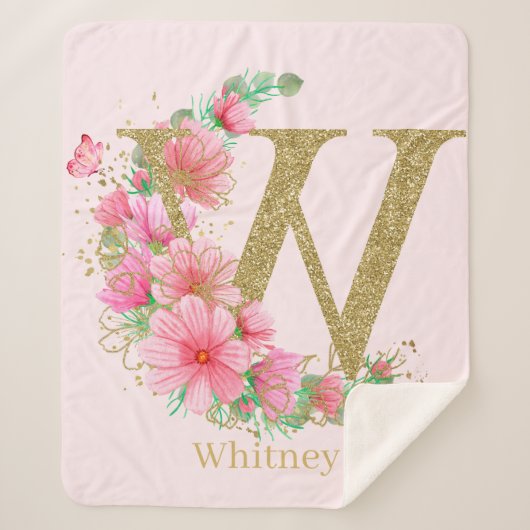 Waterverf Goud en Bloemen Monogram Letter W Sherpa Deken (Voorkant)