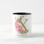 Waterverf Goud en Bloemen Monogram Letter X Mok (Midden)