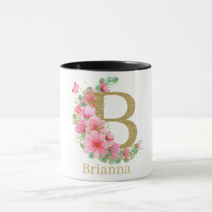 Waterverf Goud en Bloemige Monogram Letter B Mok