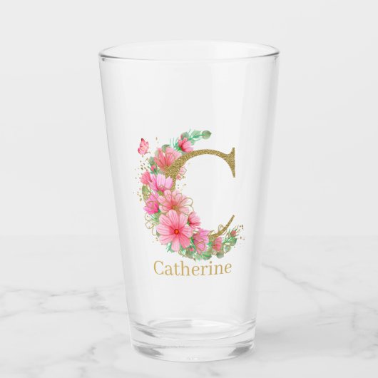 Waterverf Goud en Bloemige Monogram Letter C Glas (Voorkant)