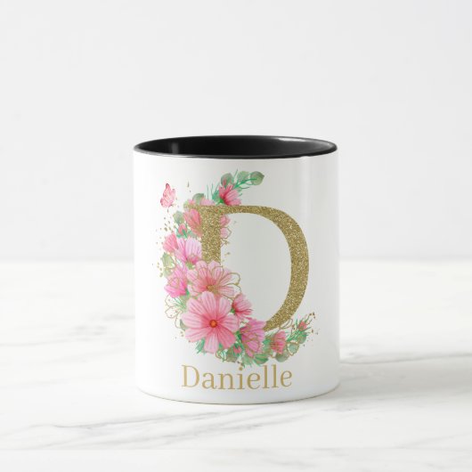 Waterverf Goud en Bloemige Monogram Letter D Mok (Midden)