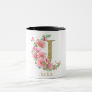 Waterverf Goud en Bloemige Monogram Letter J Mok
