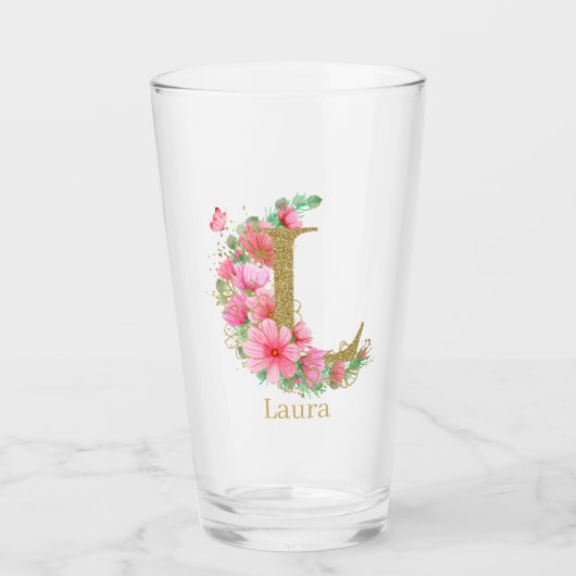Waterverf Goud en Bloemige Monogram Letter L Glas (Voorkant)