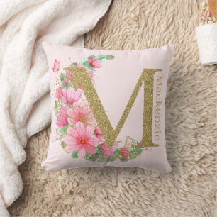 Waterverf Goud en Bloemige Monogram Letter M Kussen